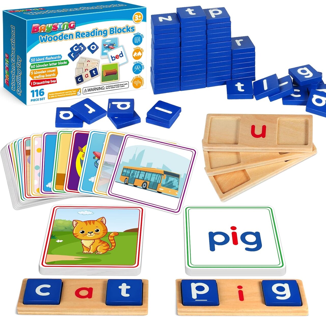 116 Pcs Short Vowel Letters Sorting Spelling Reading Learning Toy Set with Double-Sided Flash Cards